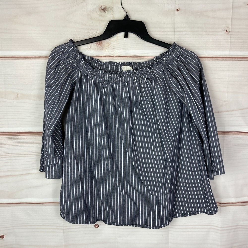 143 Story Top Womens Medium Blue Stripe Off The Shoulder 3/4 Sleeve Pullover